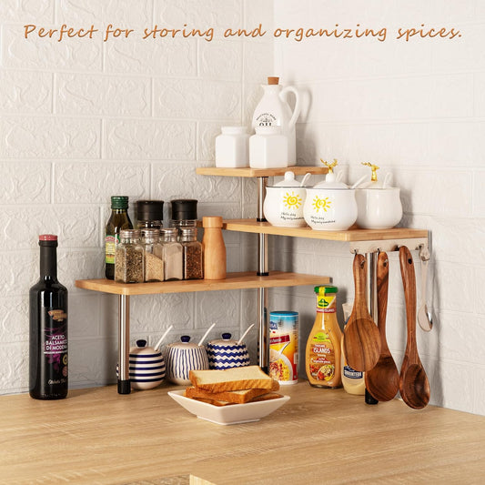 3-Tier Bamboo Corner Shelf – Rotating Kitchen Organiser with Hooks
