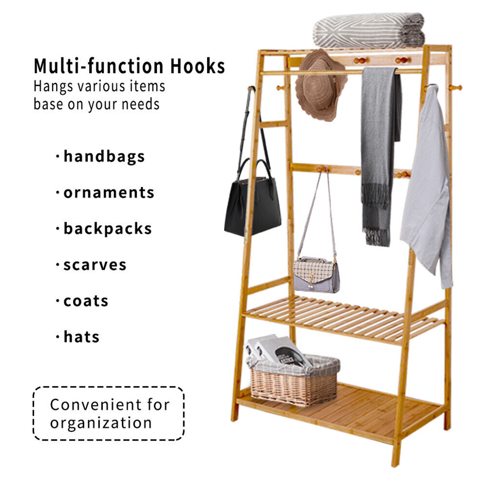 Bamboo Garment Rack β Portable Wardrobe Organiser with Shelves, Hooks & Wheels