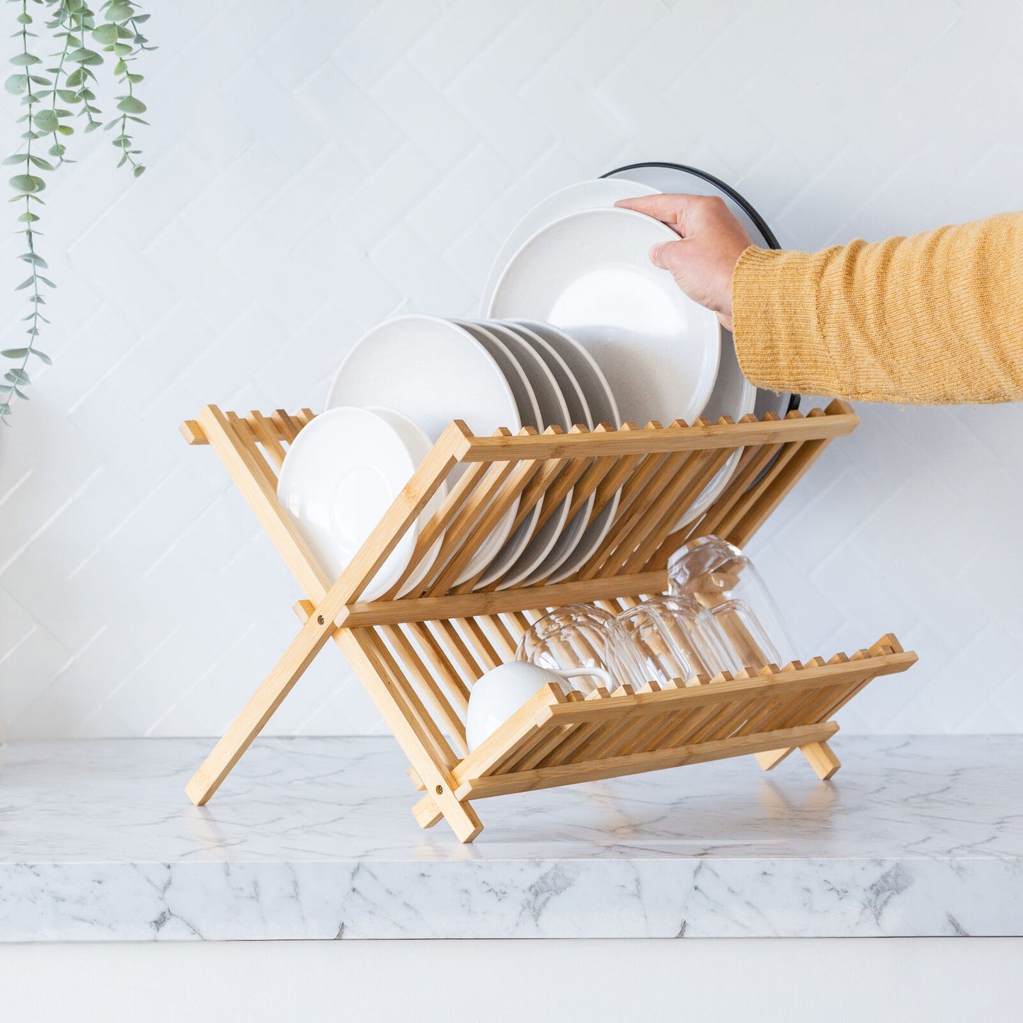 2-Tier Bamboo Dish Rack โ Foldable X-Frame Plate & Cup Drainer