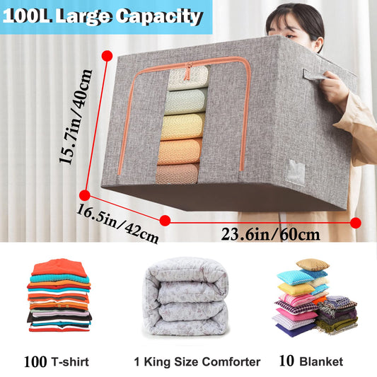 100L Foldable Linen Storage Box – Grey Closet Organiser with Metal Frame