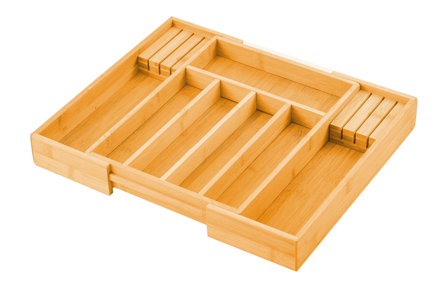 Expandable Bamboo Drawer Organiser – 7-Compartment Cutlery Tray with Knife Block (37.5 × 33.5 cm)