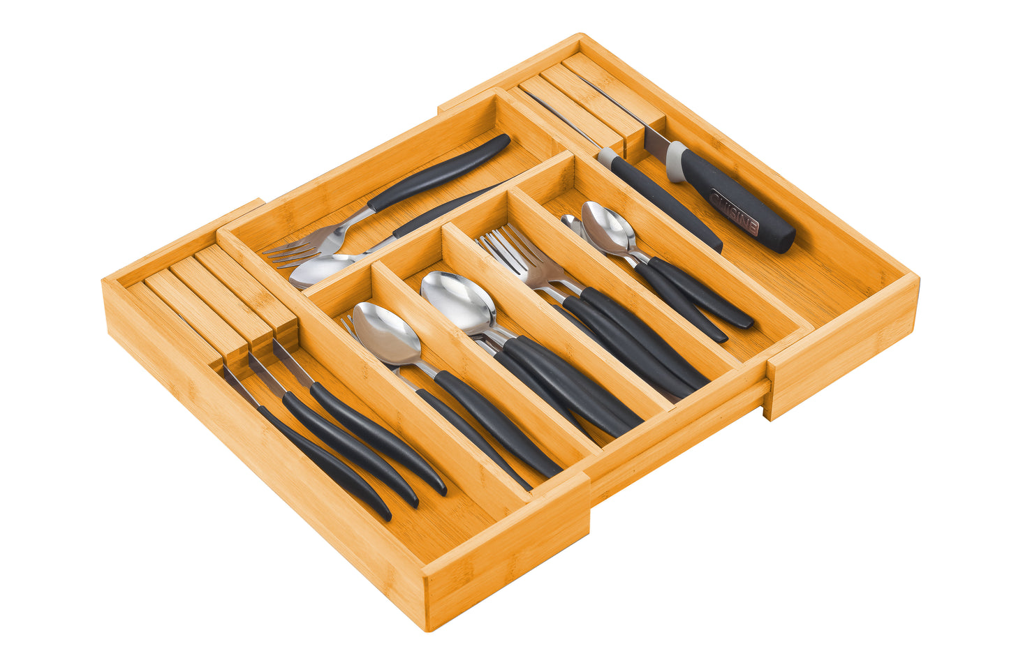 Expandable Bamboo Drawer Organiser – 7-Compartment Cutlery Tray with Knife Block (37.5 × 33.5 cm)
