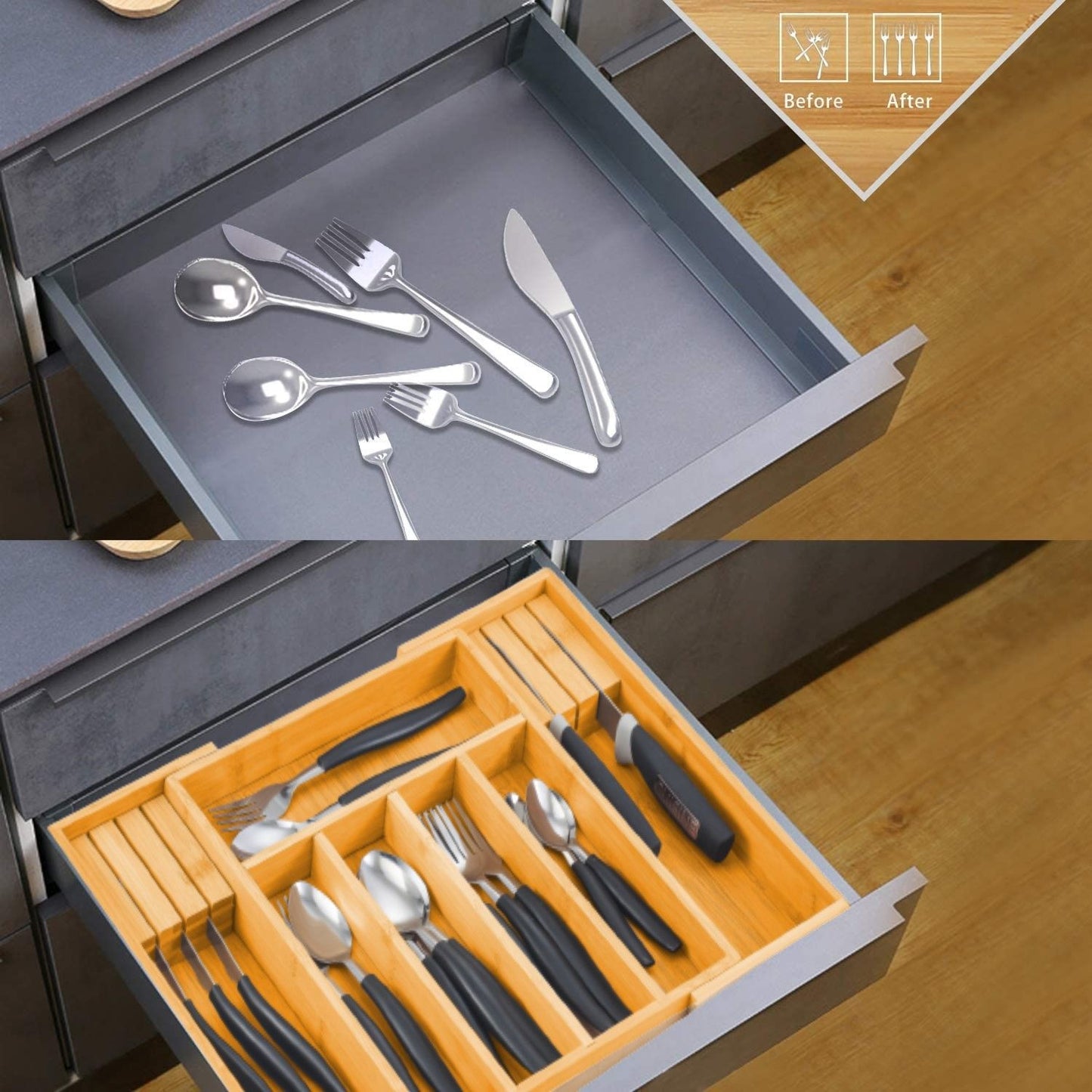 Expandable Bamboo Drawer Organiser – 7-Compartment Cutlery Tray with Knife Block (37.5 × 33.5 cm)