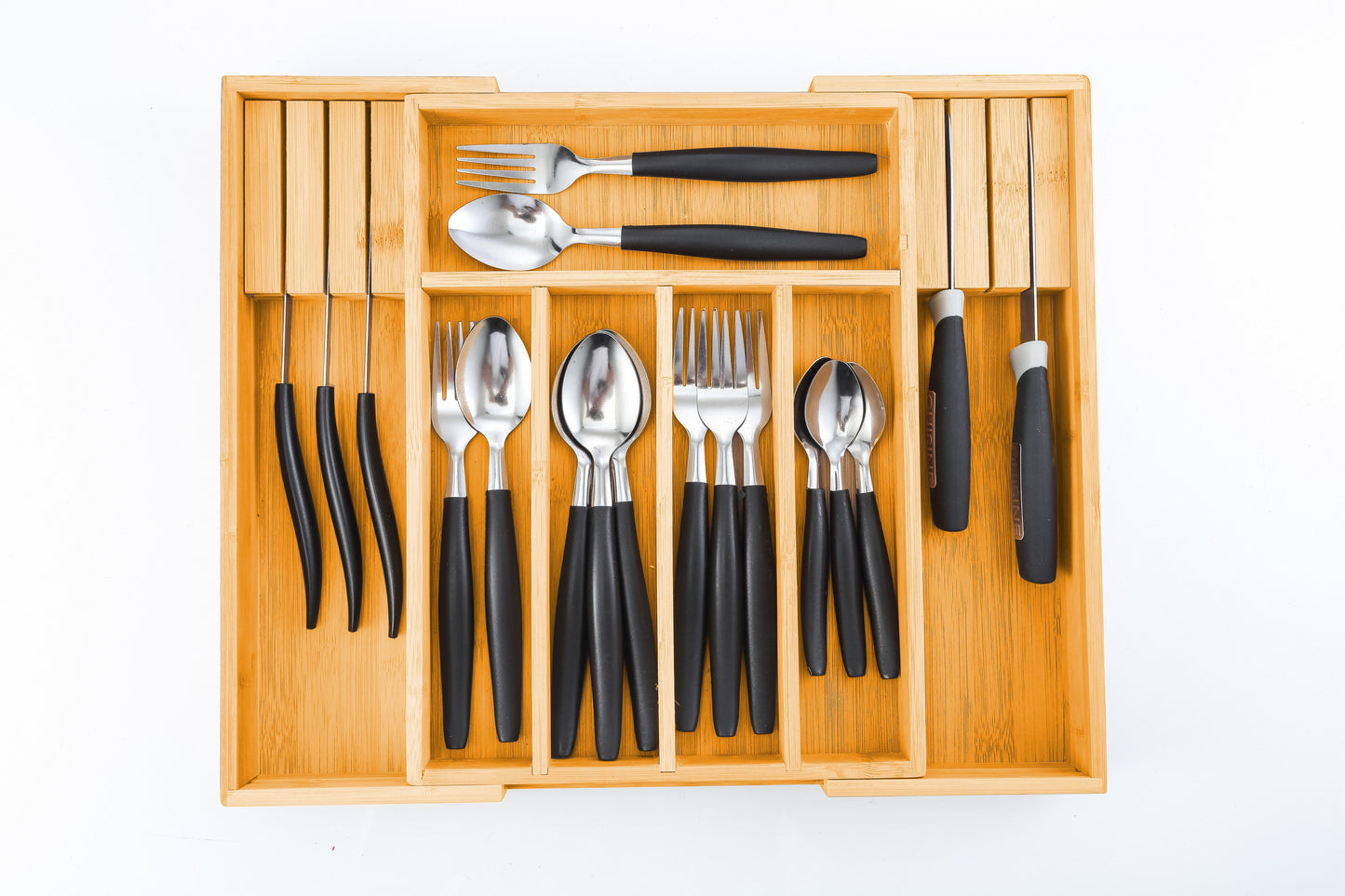 Expandable Bamboo Drawer Organiser – 7-Compartment Cutlery Tray with Knife Block (37.5 × 33.5 cm)