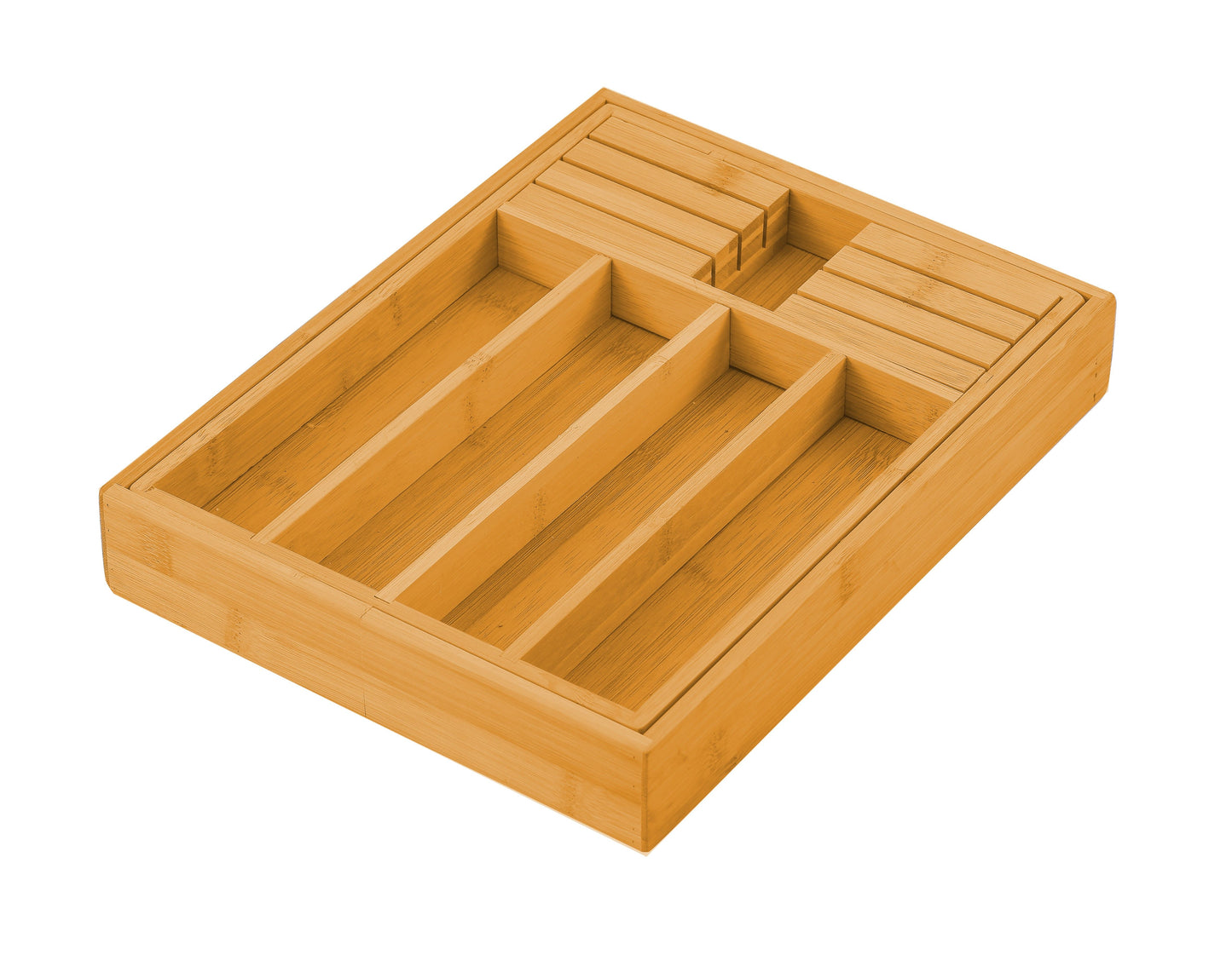 Expandable Bamboo Drawer Organiser – 7-Compartment Cutlery Tray with Knife Block (37.5 × 33.5 cm)