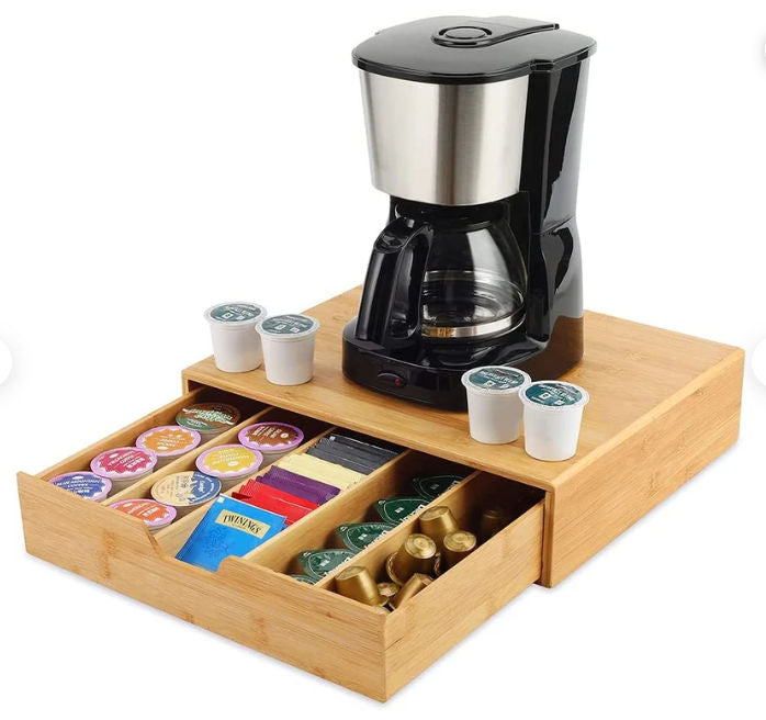 Bamboo Coffee Pod Drawer – Adjustable Storage Organiser for K-Cups, Tea, Jewelry & Cosmetics (35.5 × 30.5 cm)