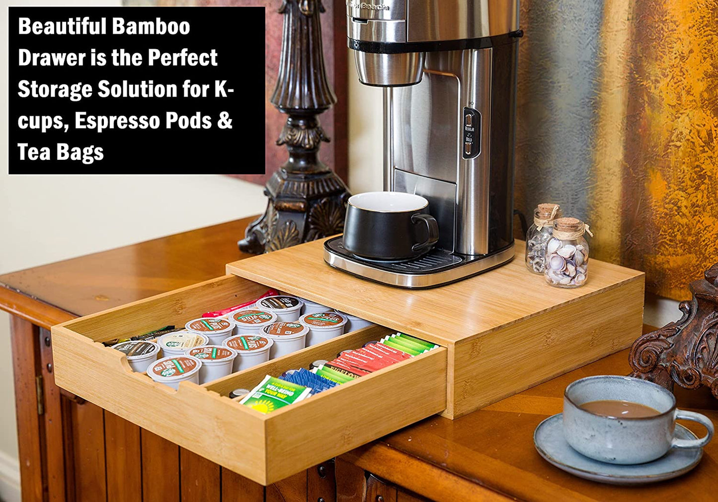Bamboo Coffee Pod Drawer – Adjustable Storage Organiser for K-Cups, Tea, Jewelry & Cosmetics (35.5 × 30.5 cm)