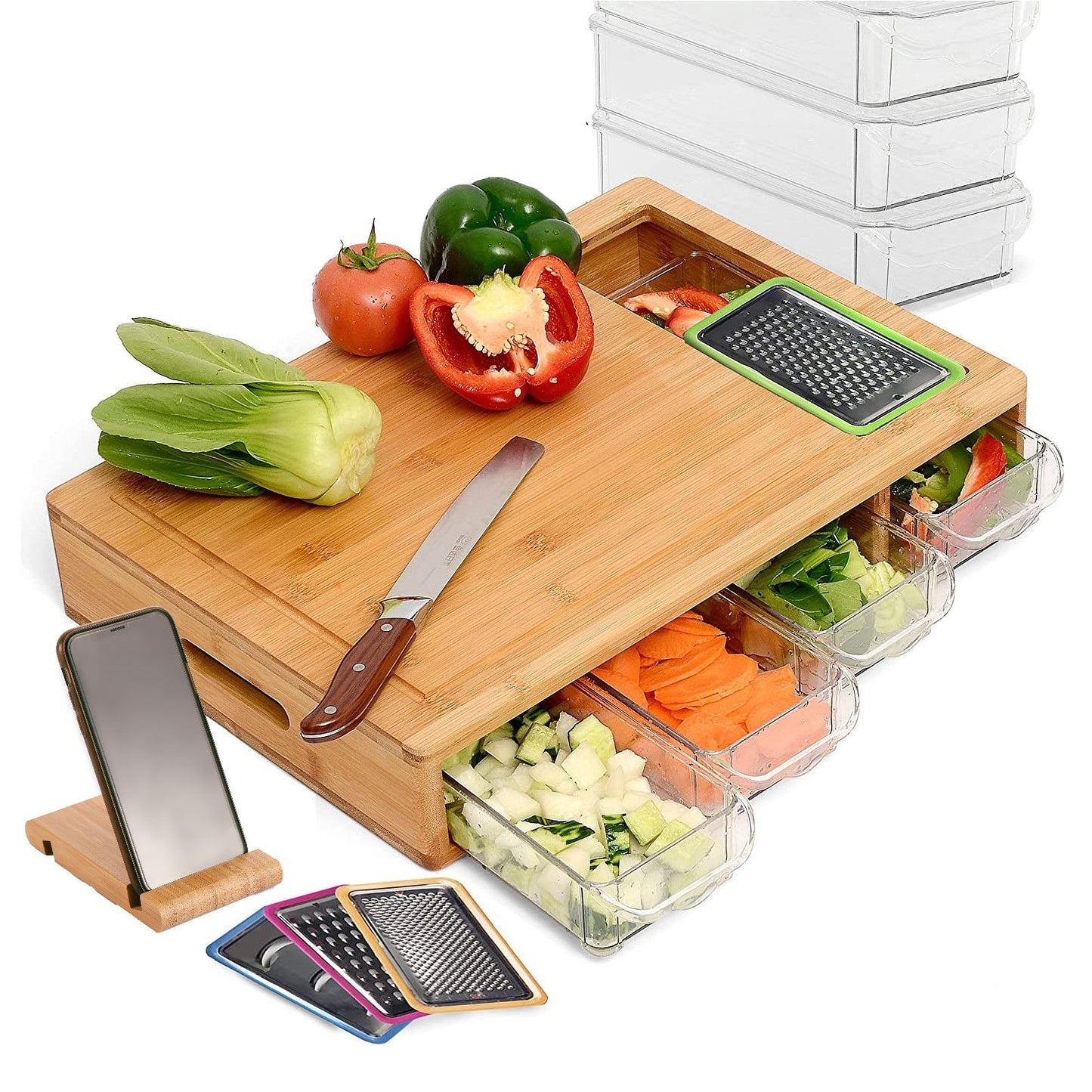 Bamboo Cutting Board – 4 Tray Prep Station with Mobile Holder Gift
