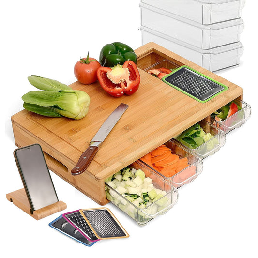 Bamboo Cutting Board – 4 Tray Prep Station with Mobile Holder Gift