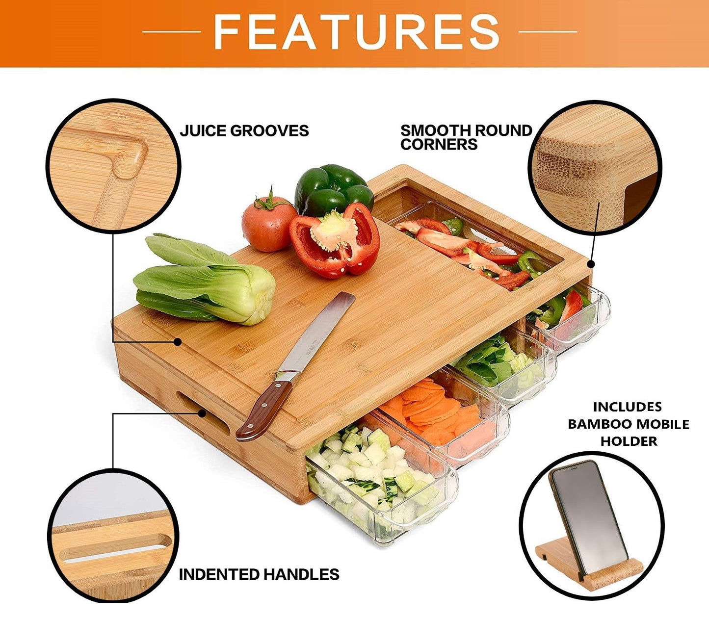 Bamboo Cutting Board – 4 Tray Prep Station with Mobile Holder Gift