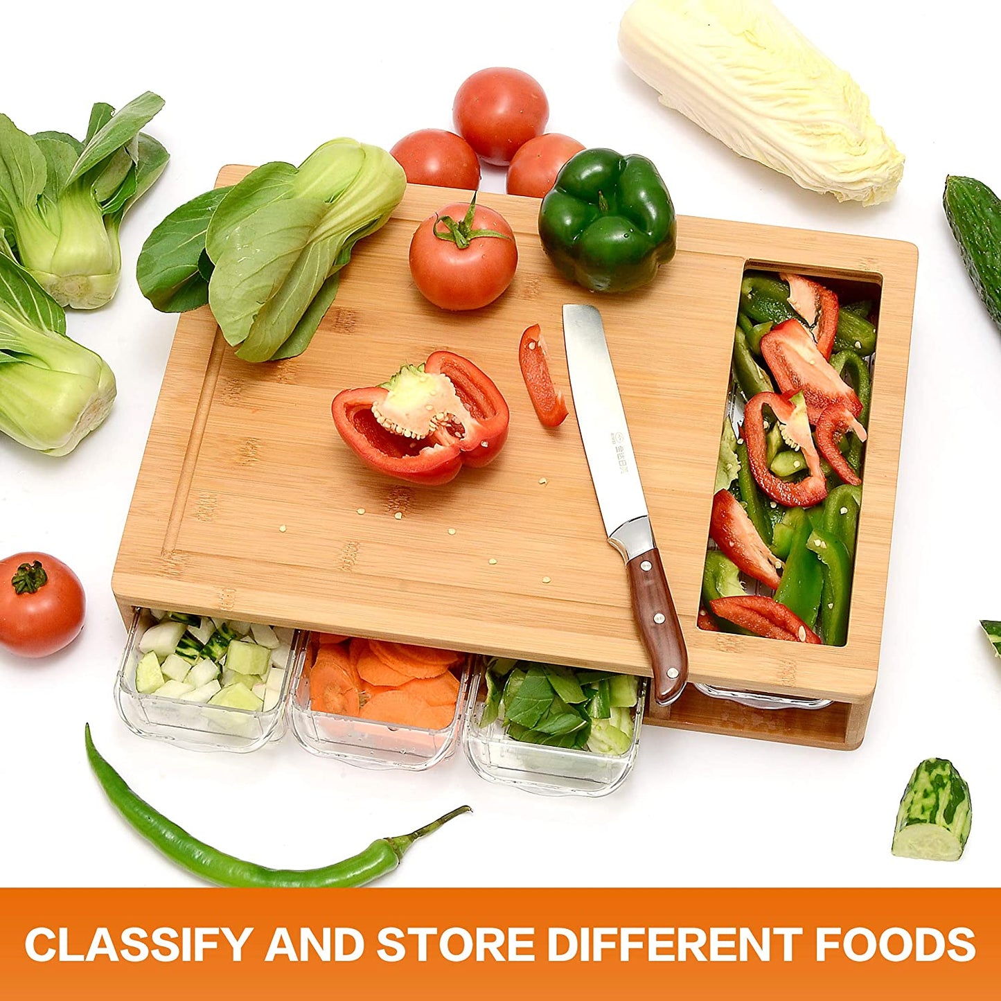 Bamboo Cutting Board – 4 Tray Prep Station with Mobile Holder Gift