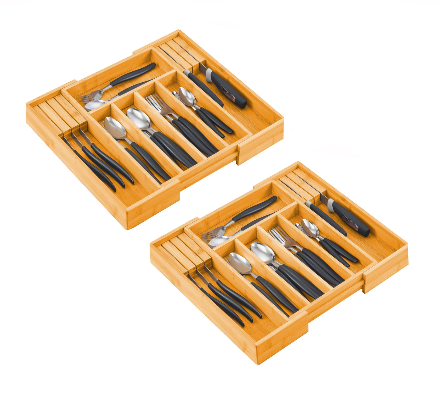 2-Pack Bamboo Expandable Drawer Organisers with Knife Block – Premium Kitchen Storage