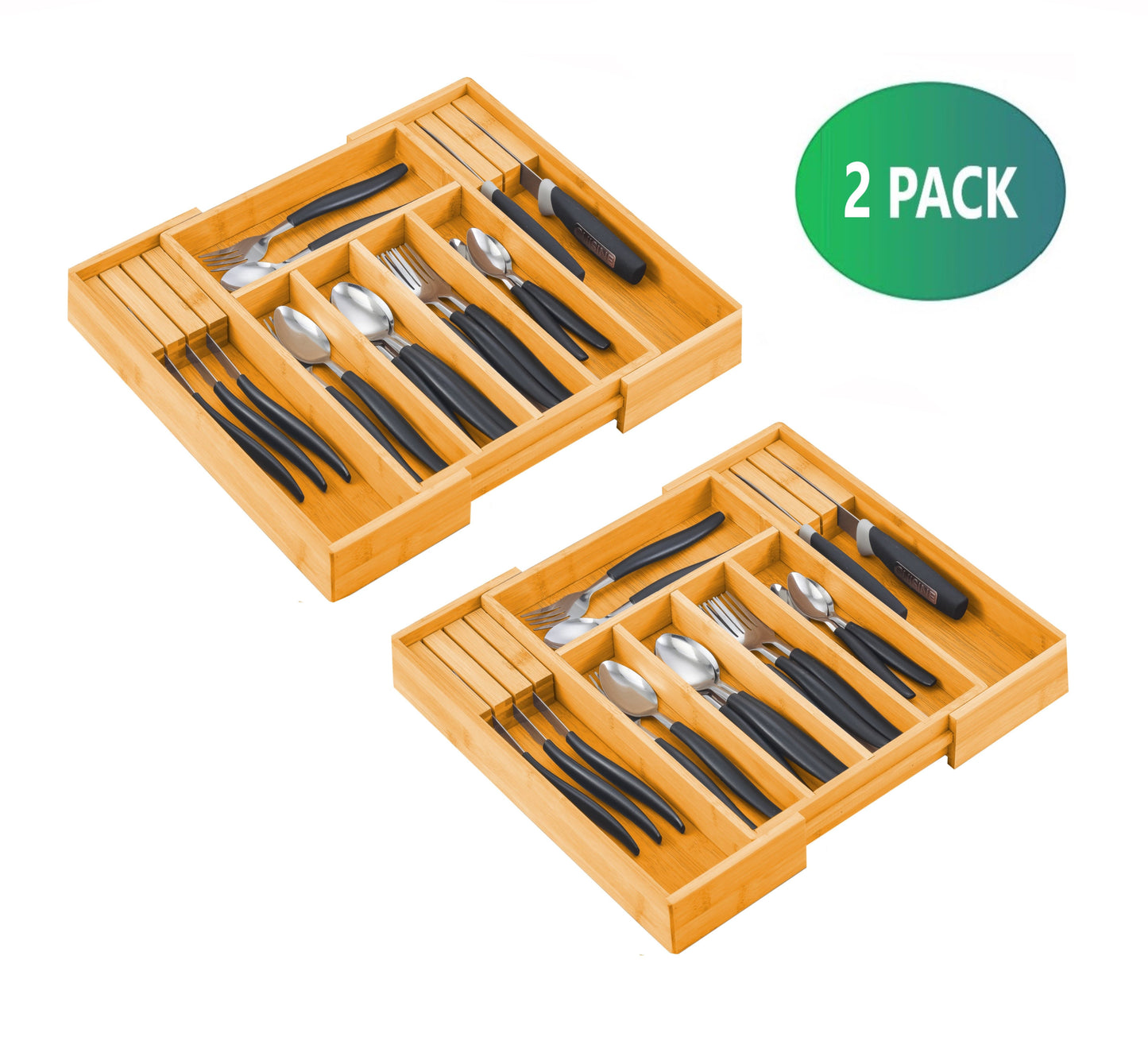 2-Pack Bamboo Expandable Drawer Organisers with Knife Block – Premium Kitchen Storage