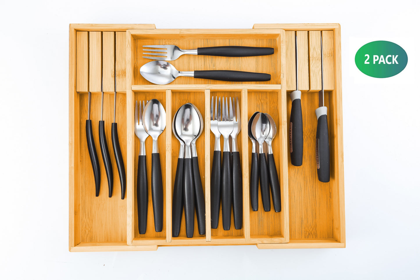 2-Pack Bamboo Expandable Drawer Organisers with Knife Block – Premium Kitchen Storage