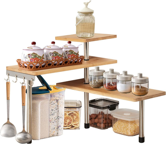 3-Tier Bamboo Corner Shelf – Rotating Kitchen Organiser with Hooks