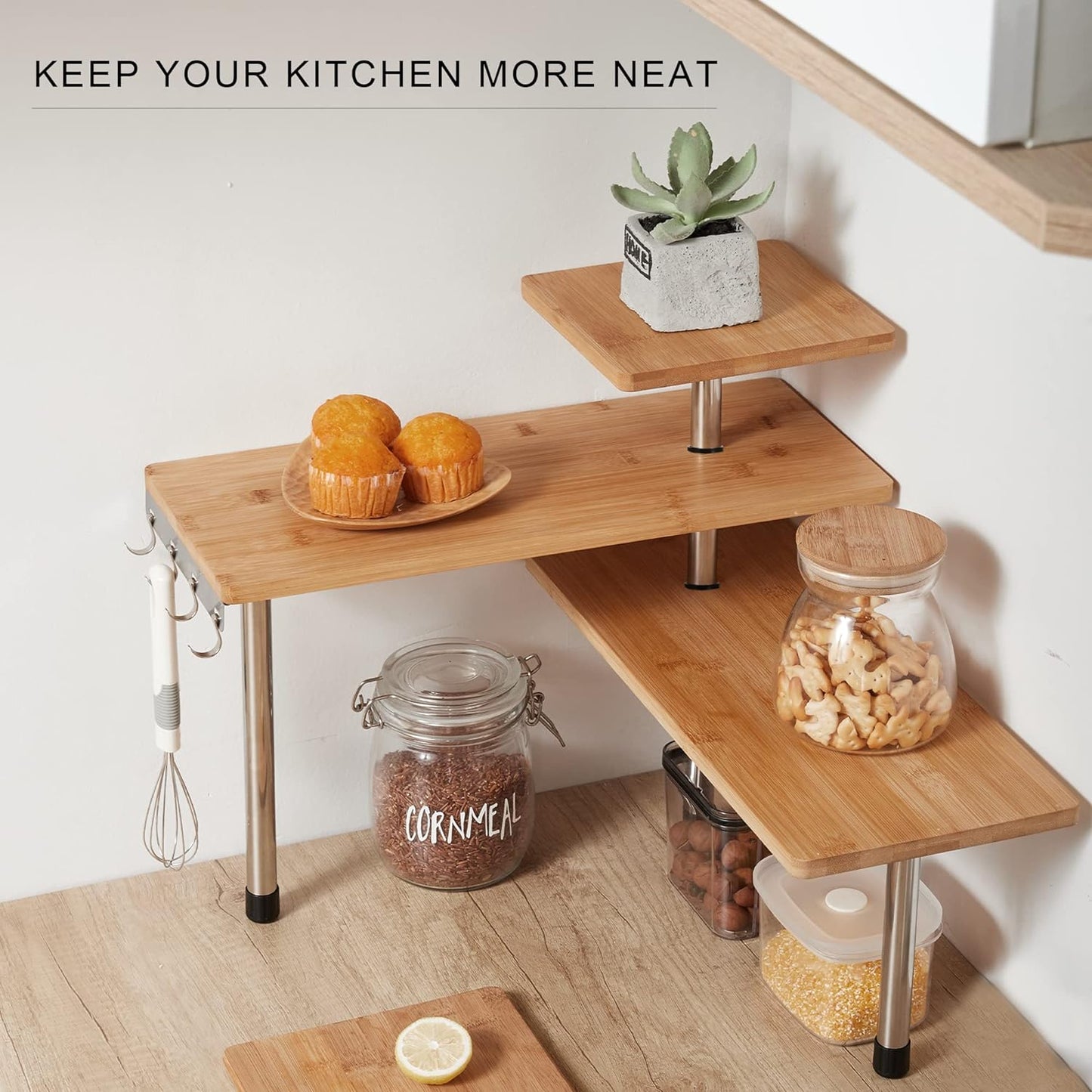 3-Tier Bamboo Corner Shelf – Rotating Kitchen Organiser with Hooks