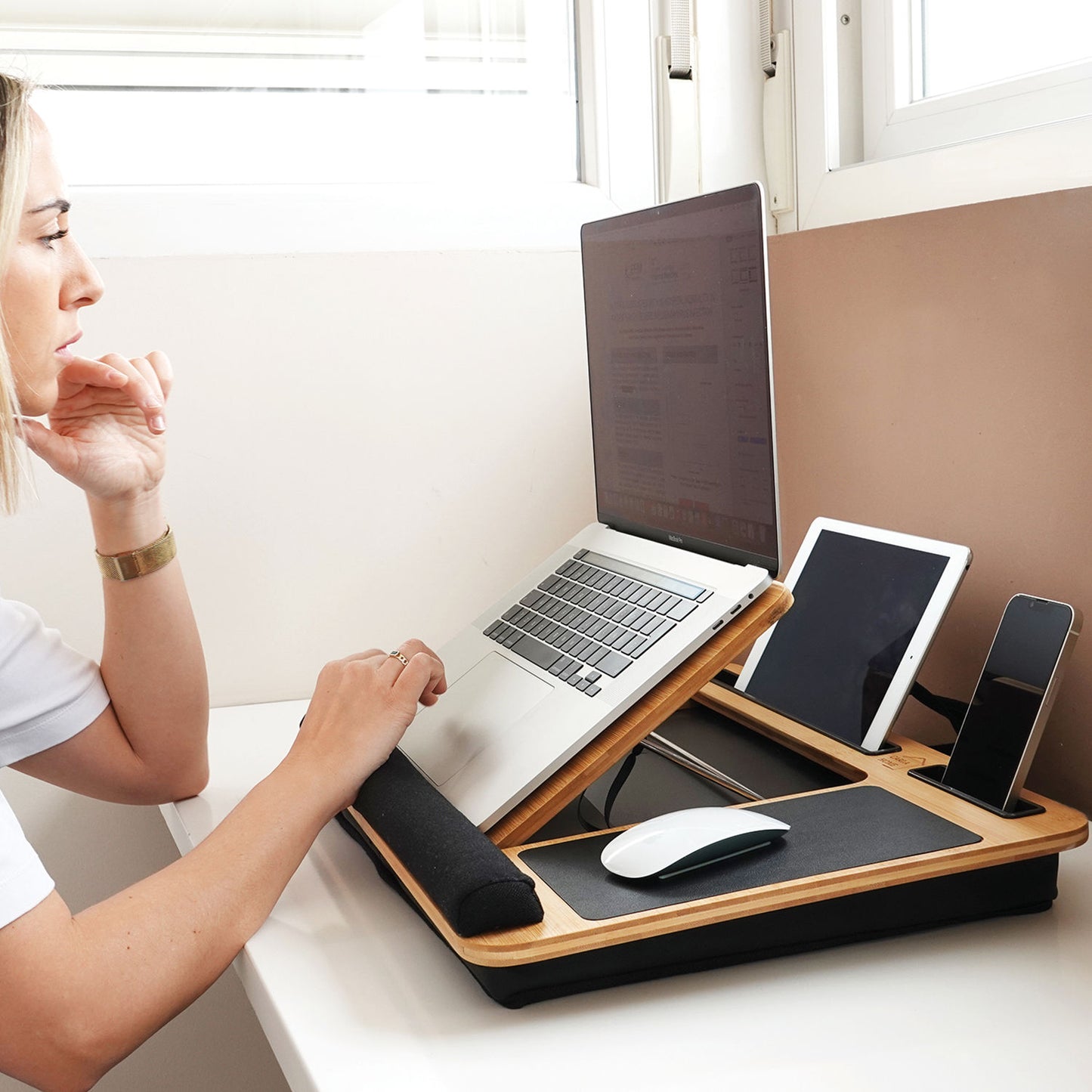 CARLA HOME Bamboo Lap Desk – Adjustable Cushion Tray with Phone Holder & Mouse Pad