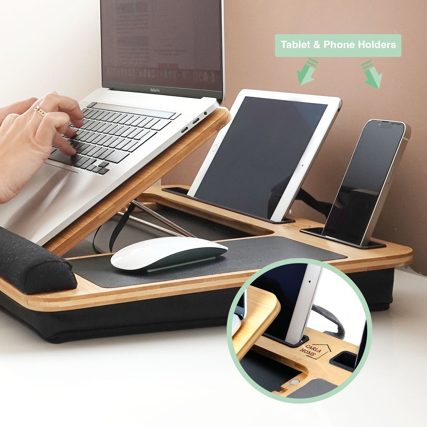 CARLA HOME Bamboo Lap Desk – Adjustable Cushion Tray with Phone Holder & Mouse Pad