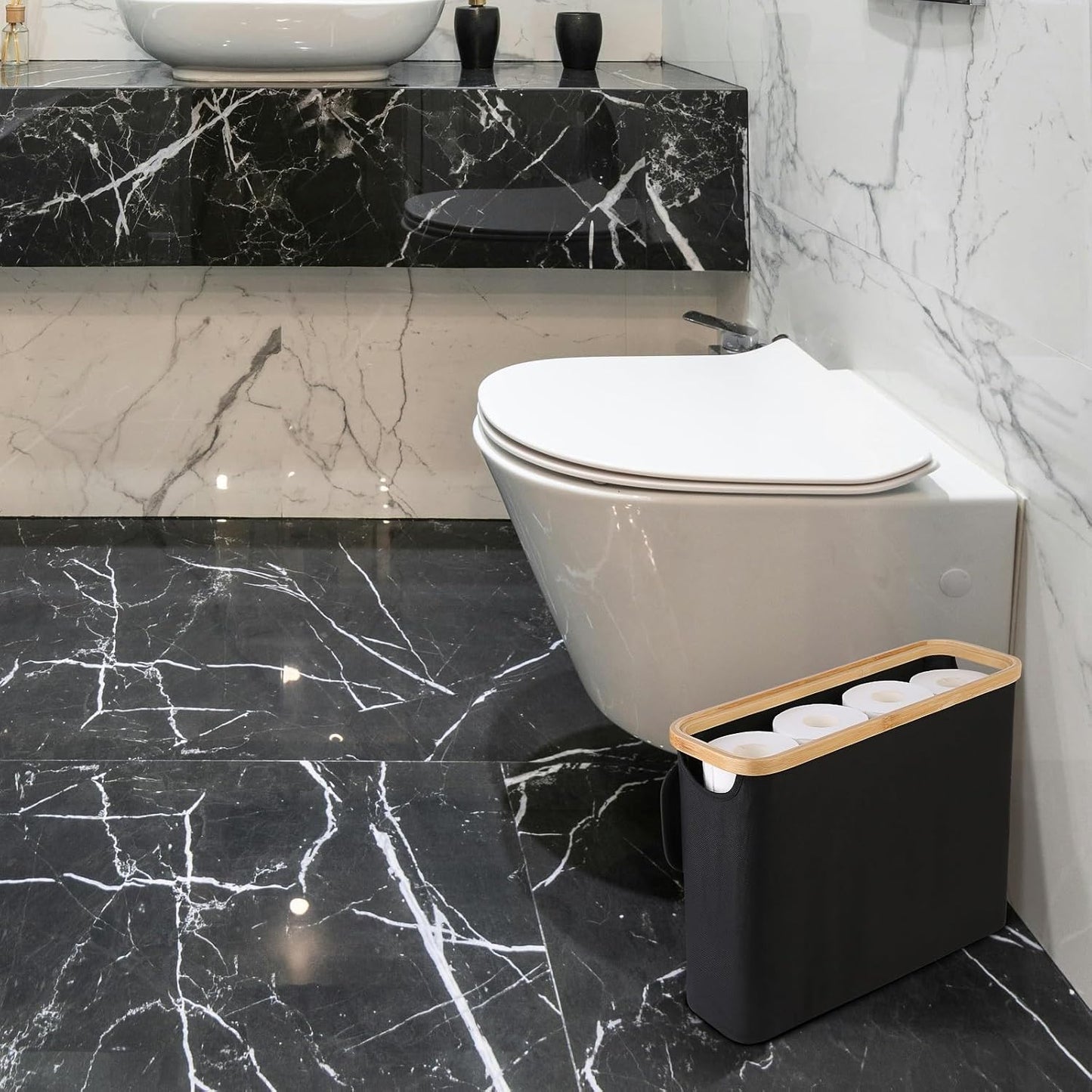 CARLA HOME Toilet Paper Basket – Holds 12 Rolls with Bamboo Lid & Handles (Grey / White / Black)