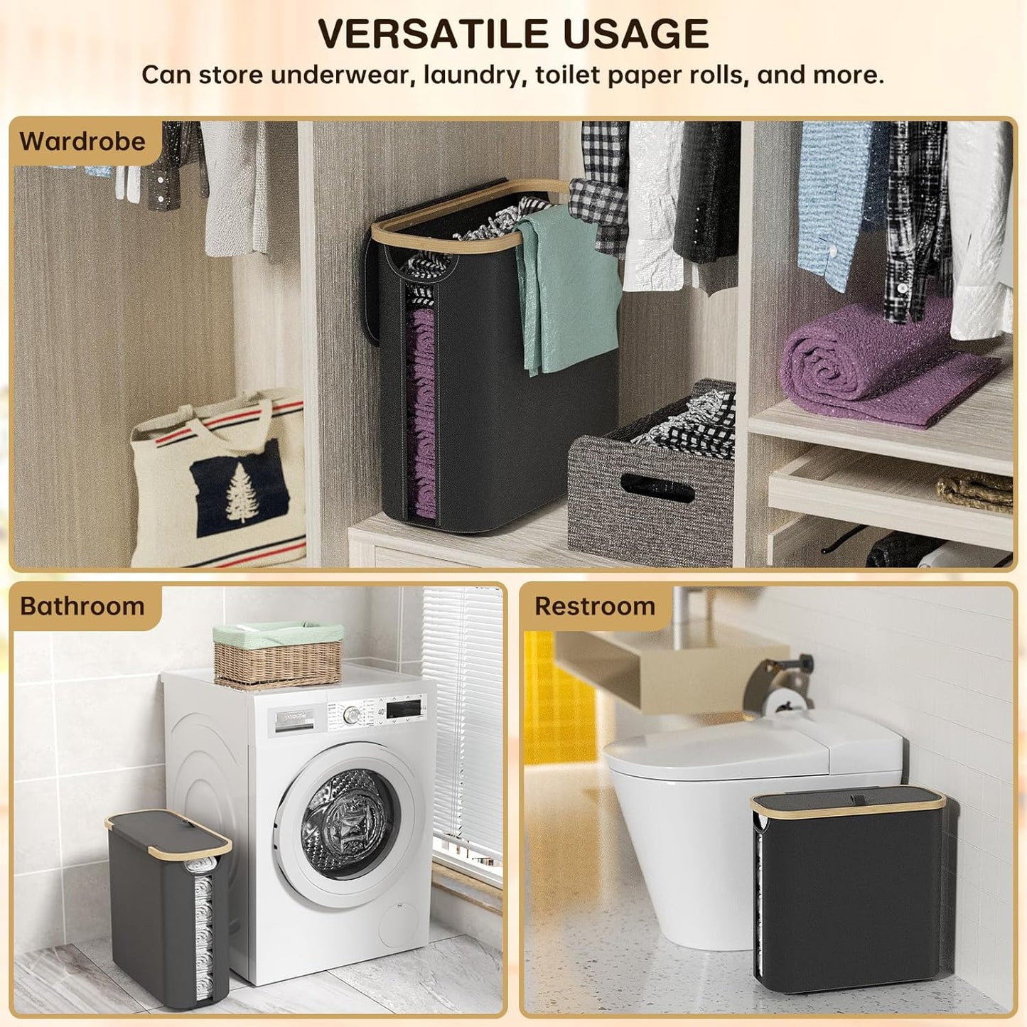 CARLA HOME Toilet Paper Basket – Holds 12 Rolls with Bamboo Lid & Handles (Grey / White / Black)