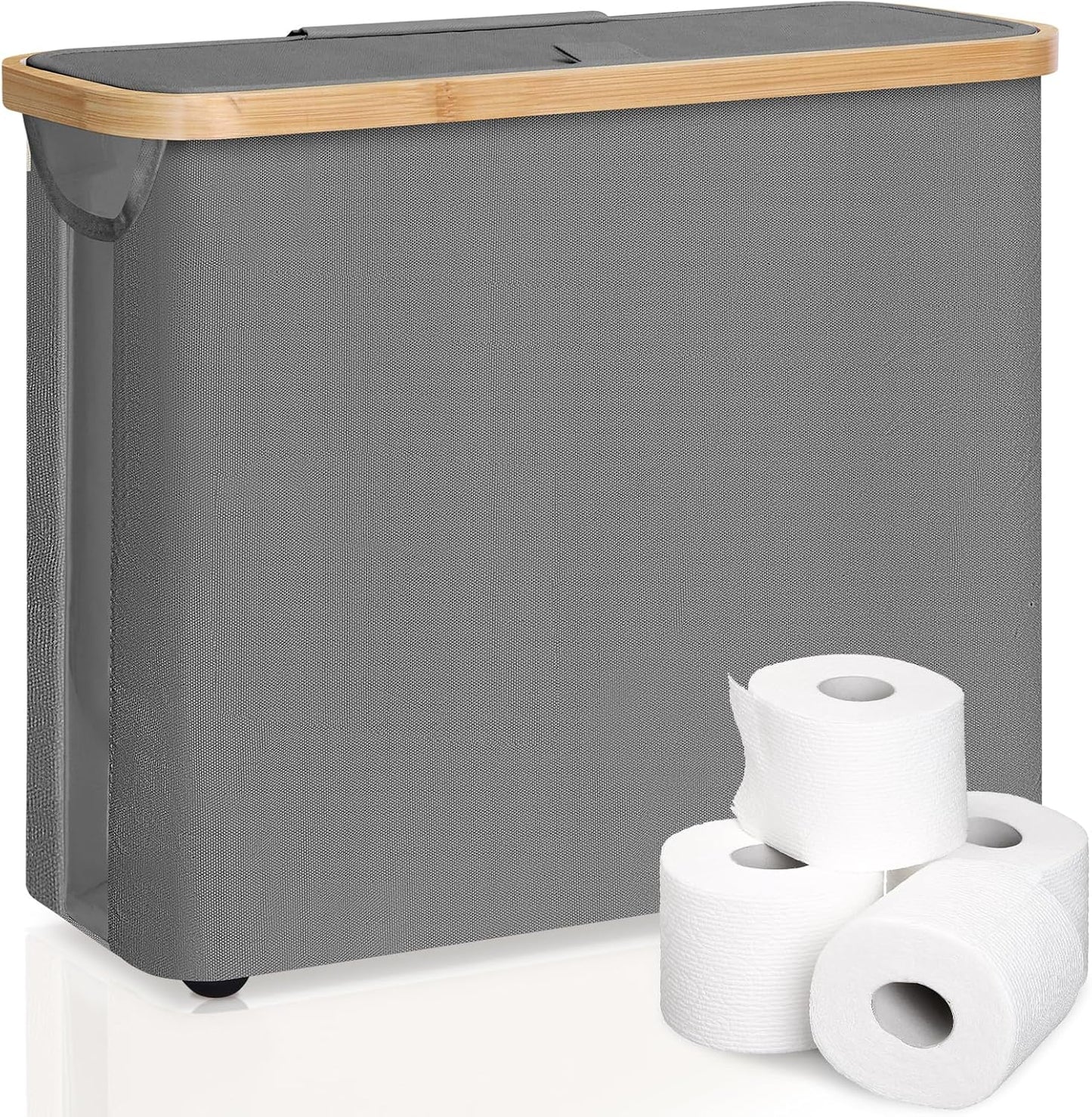 CARLA HOME Toilet Paper Basket – Holds 12 Rolls with Bamboo Lid & Handles (Grey / White / Black)