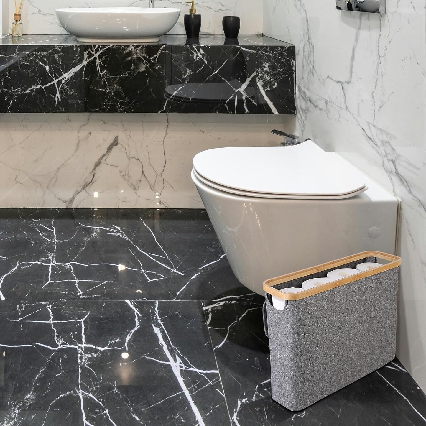 CARLA HOME Toilet Paper Basket – Holds 12 Rolls with Bamboo Lid & Handles (Grey / White / Black)