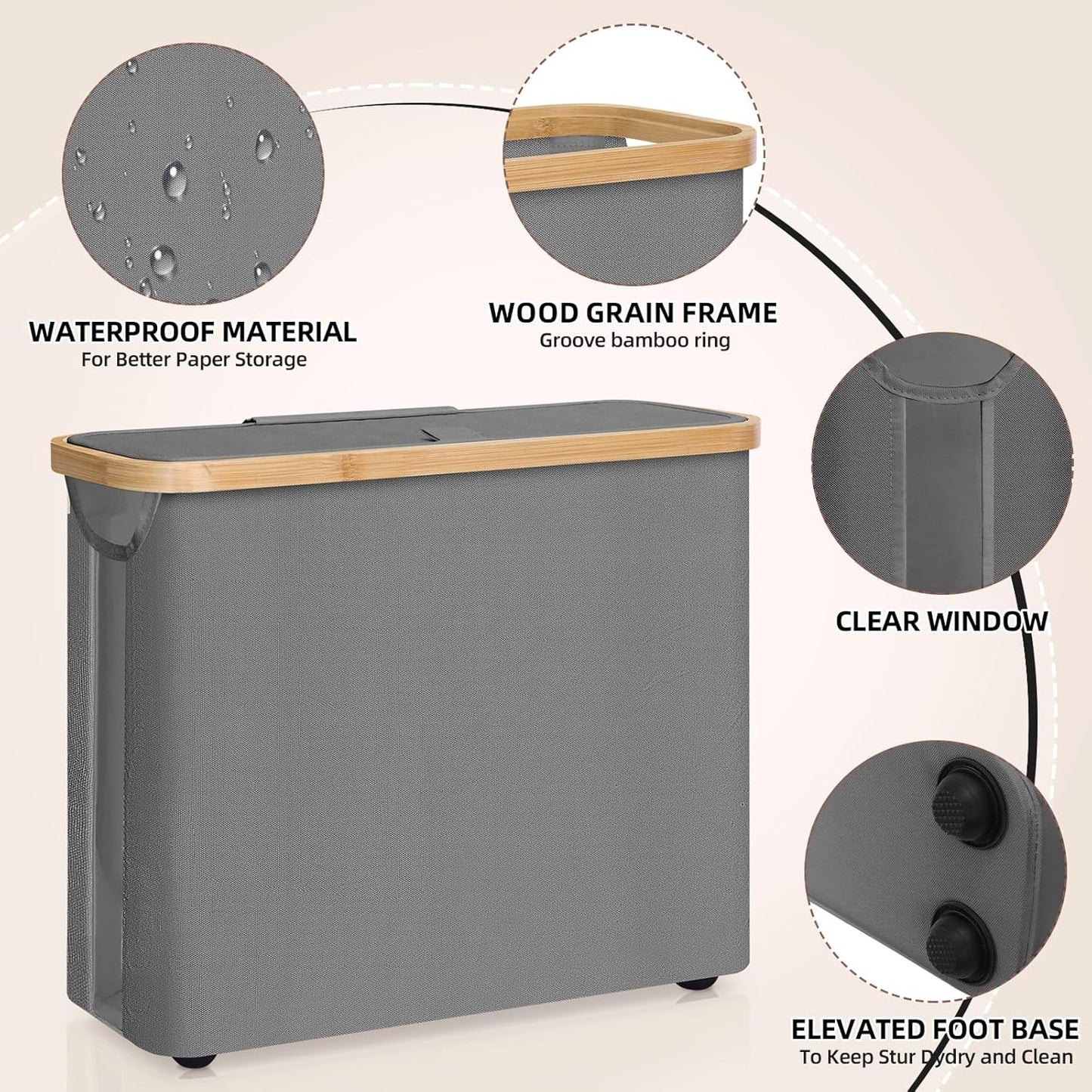 CARLA HOME Toilet Paper Basket – Holds 12 Rolls with Bamboo Lid & Handles (Grey / White / Black)