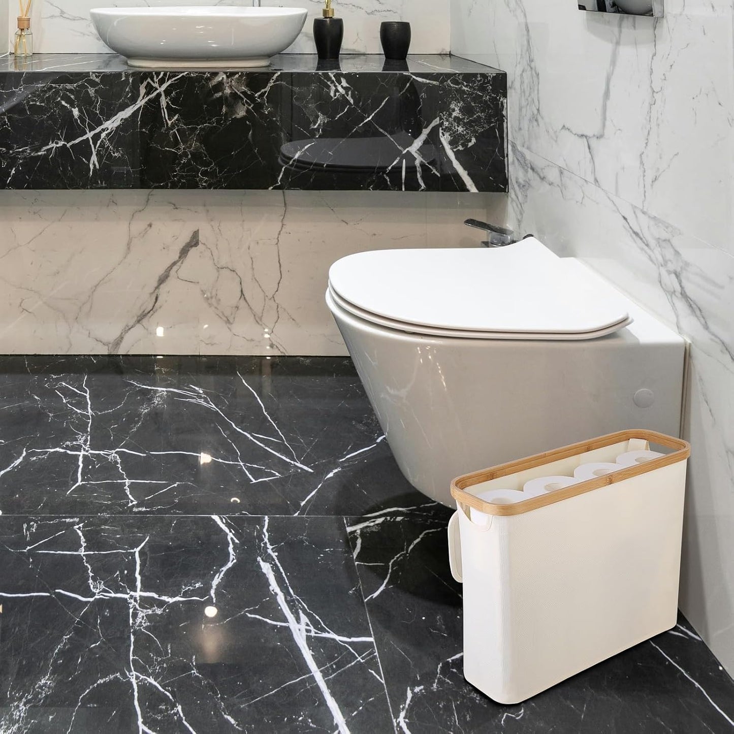 CARLA HOME Toilet Paper Basket – 2-Pack with Bamboo Lid & Handles (White)