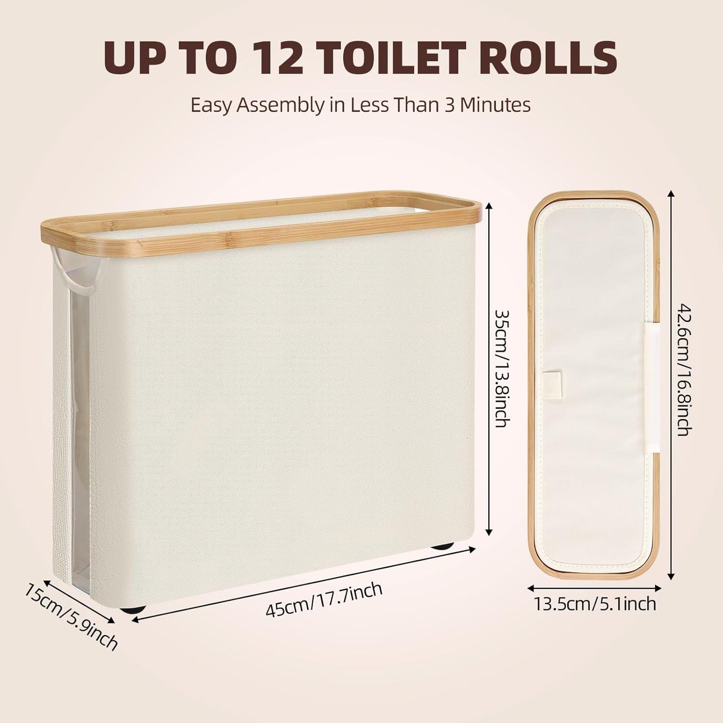 CARLA HOME Toilet Paper Basket – Holds 12 Rolls with Bamboo Lid & Handles (Grey / White / Black)