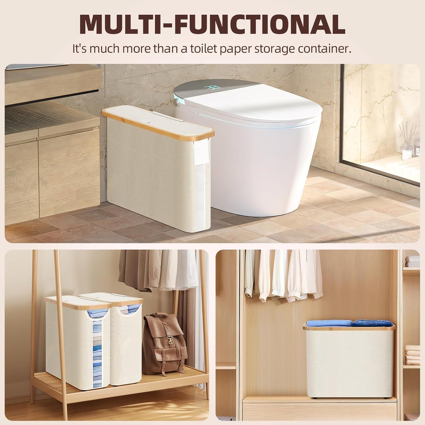 CARLA HOME Toilet Paper Basket – 2-Pack with Bamboo Lid & Handles (White)