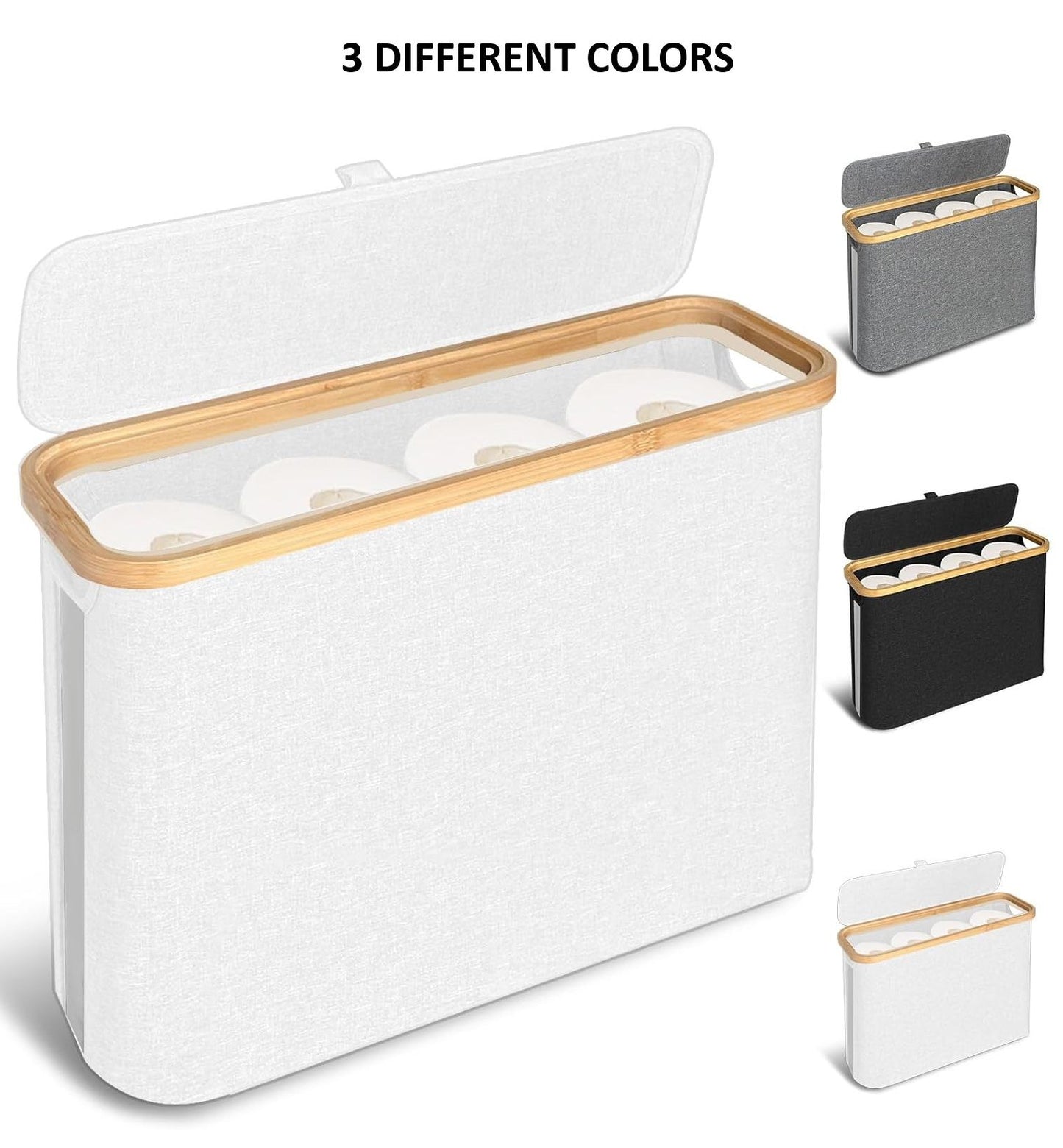 CARLA HOME Toilet Paper Basket – Holds 12 Rolls with Bamboo Lid & Handles (Grey / White / Black)