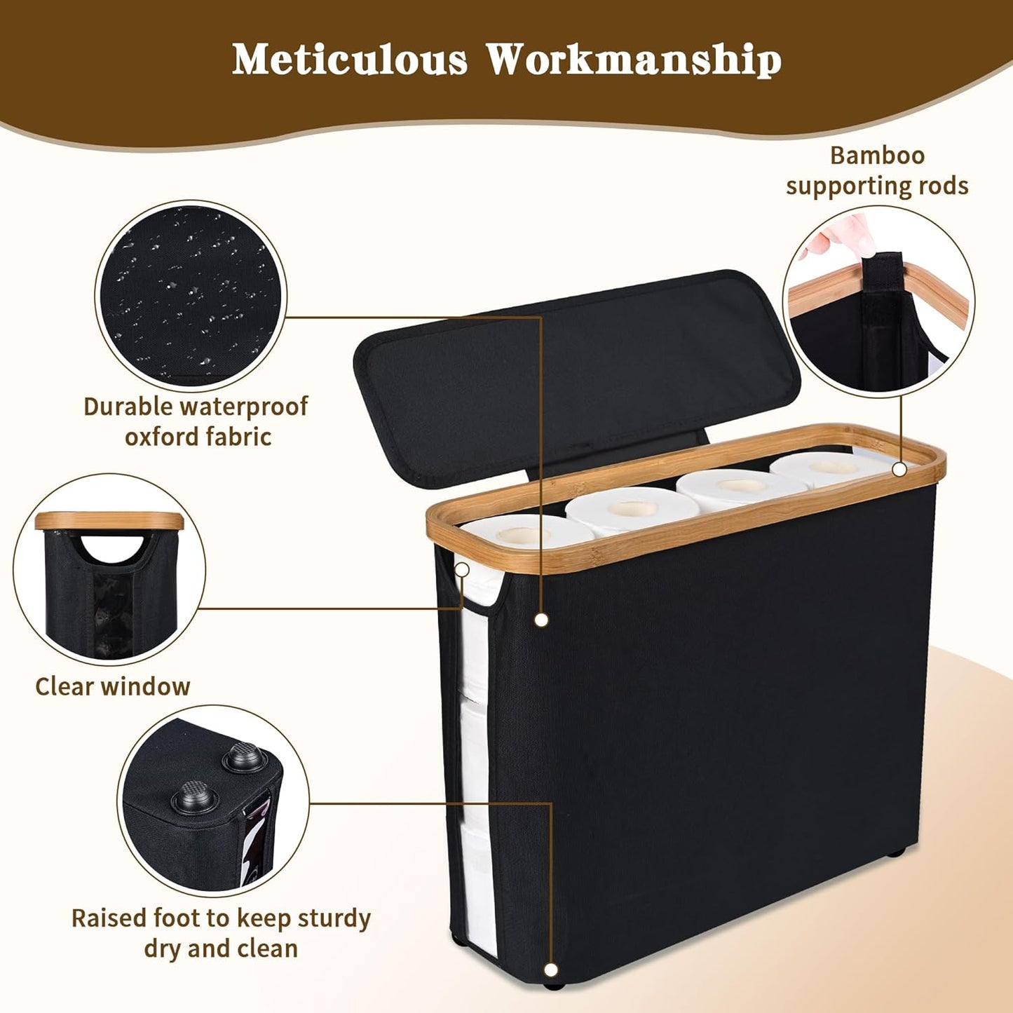 CARLA HOME Toilet Paper Basket – 2-Pack with Bamboo Lid & Handles (White)