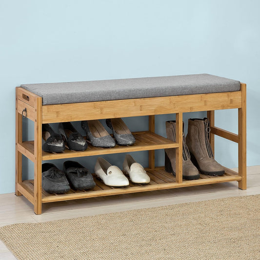 Bamboo Shoe Bench – Lift-Top Seat with Drawers & 2-Tier Storage