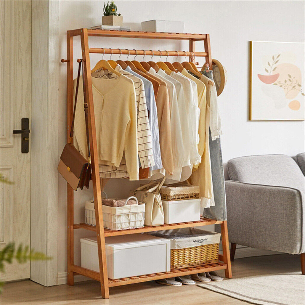 Bamboo Garment Rack – Portable Wardrobe Organiser with Shelves, Hooks & Wheels