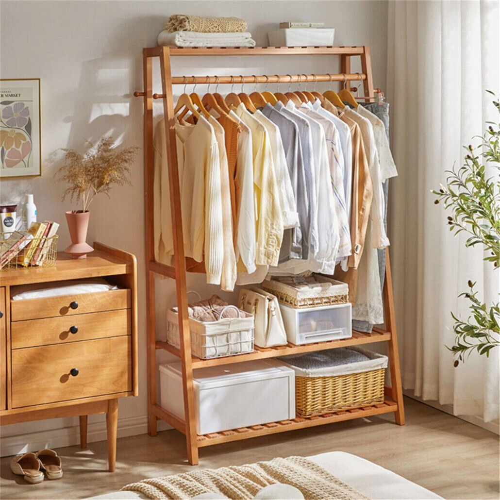 Bamboo Garment Rack – Portable Wardrobe Organiser with Shelves, Hooks & Wheels