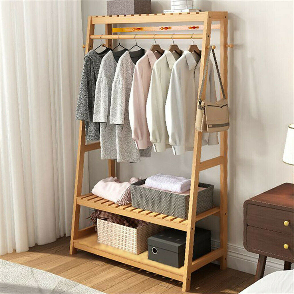 Bamboo Garment Rack – Portable Wardrobe Organiser with Shelves, Hooks & Wheels