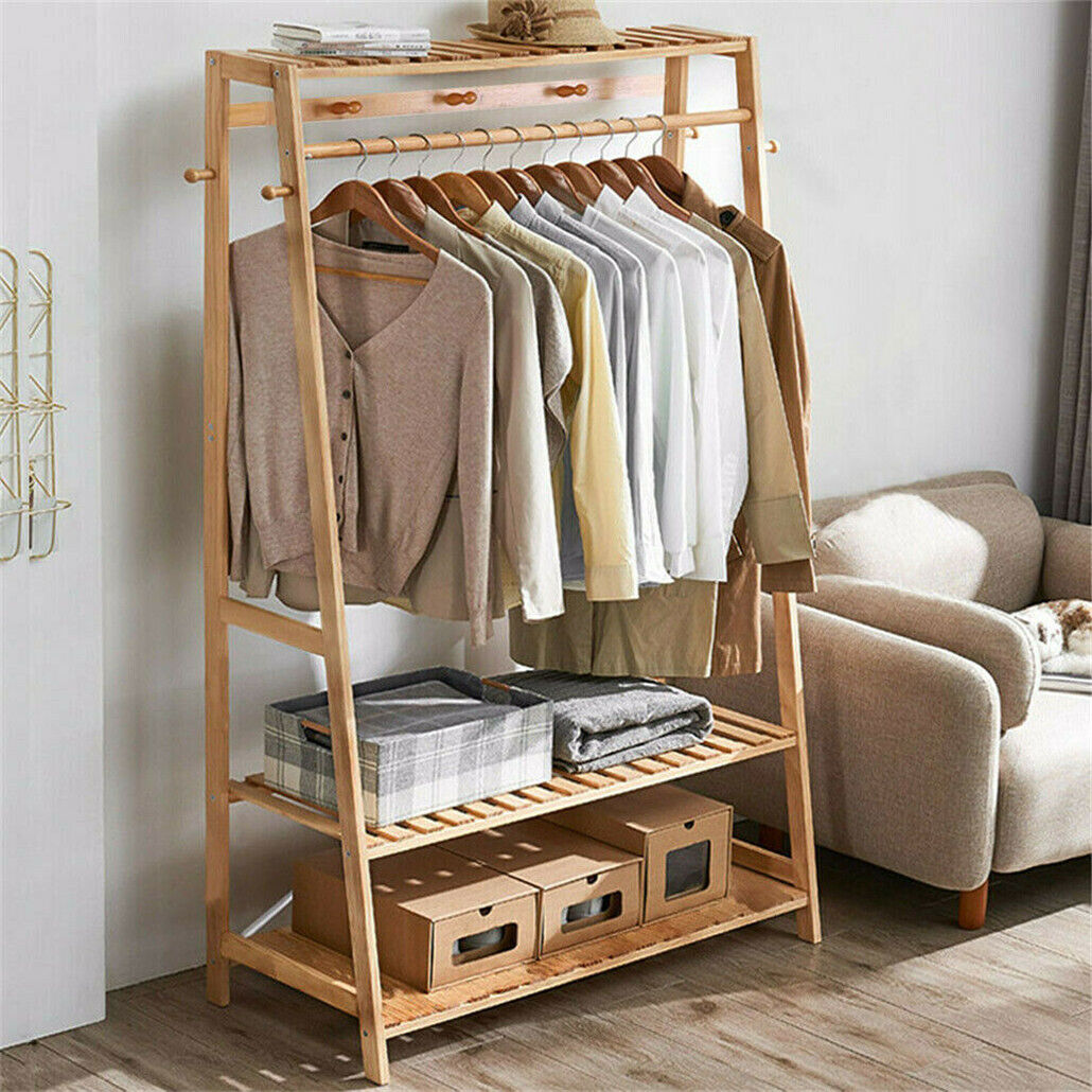 Bamboo Garment Rack – Portable Wardrobe Organiser with Shelves, Hooks & Wheels