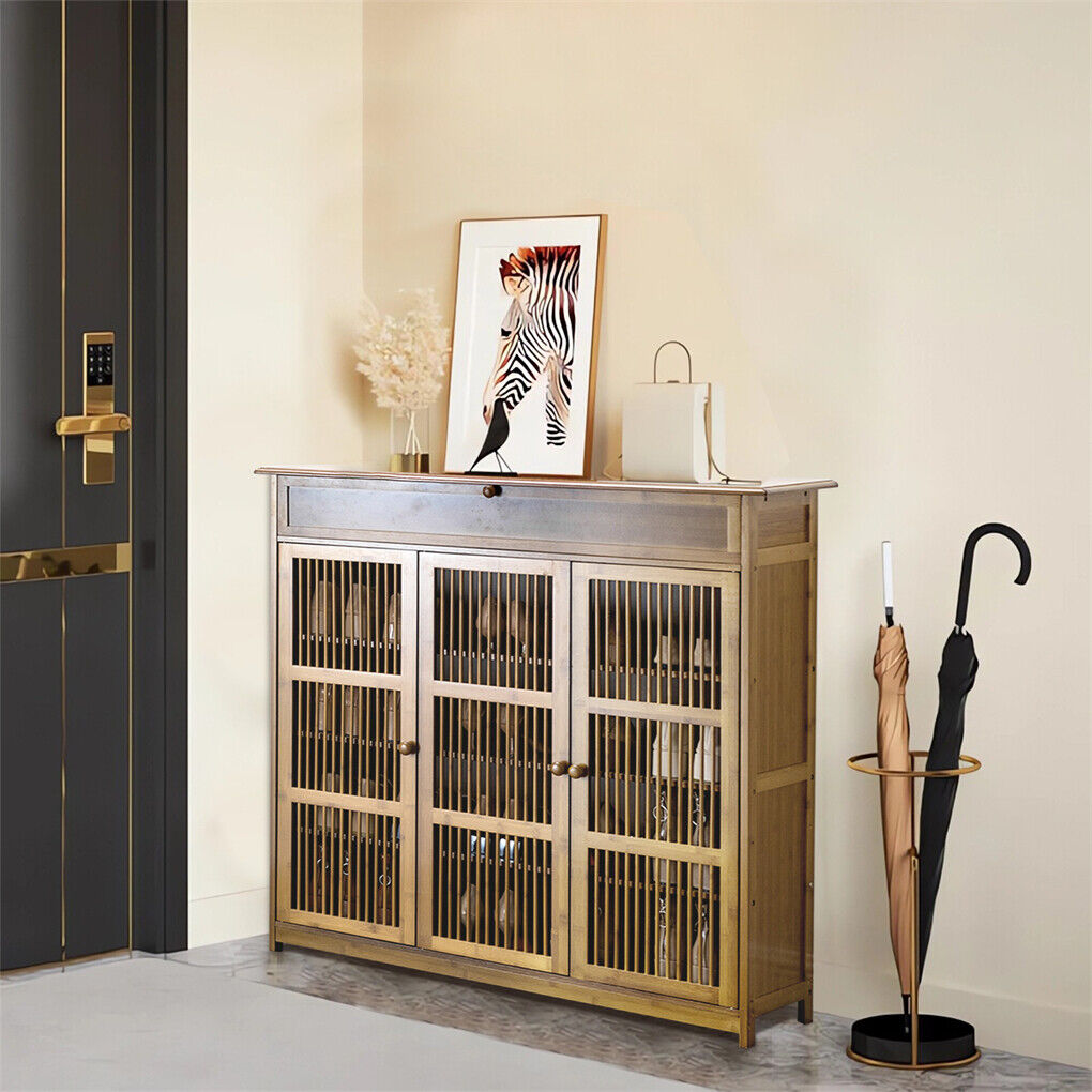 XXL Bamboo Shoe Cabinet – 4-Tier Organiser with Doors, Drawer & Ventilated Storage