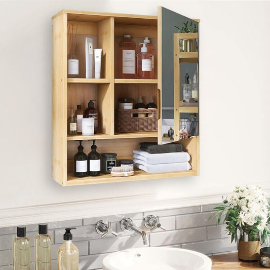 Bamboo Bathroom Cabinet – Wall-Mounted Mirror with 5 Shelves (55.5cm)