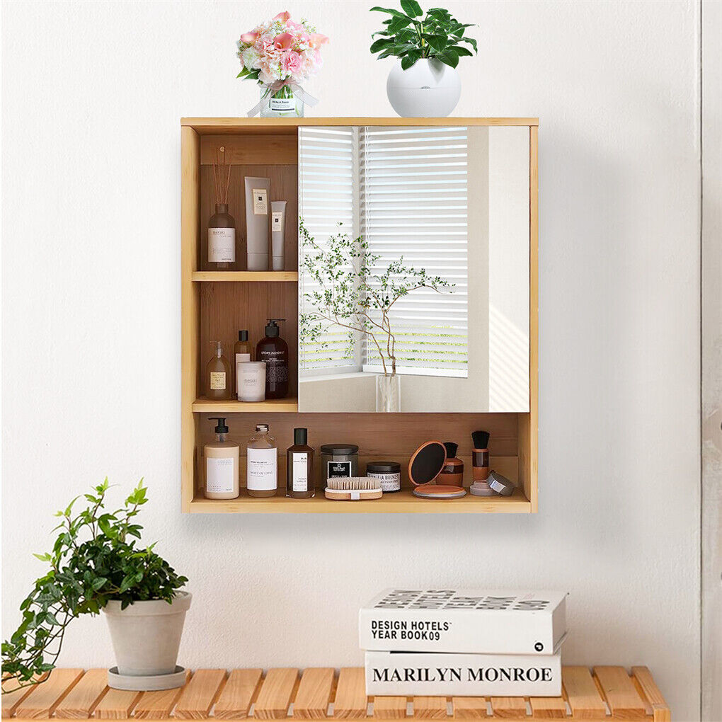 Bamboo Bathroom Cabinet – Wall-Mounted Mirror with 5 Shelves (55.5cm)