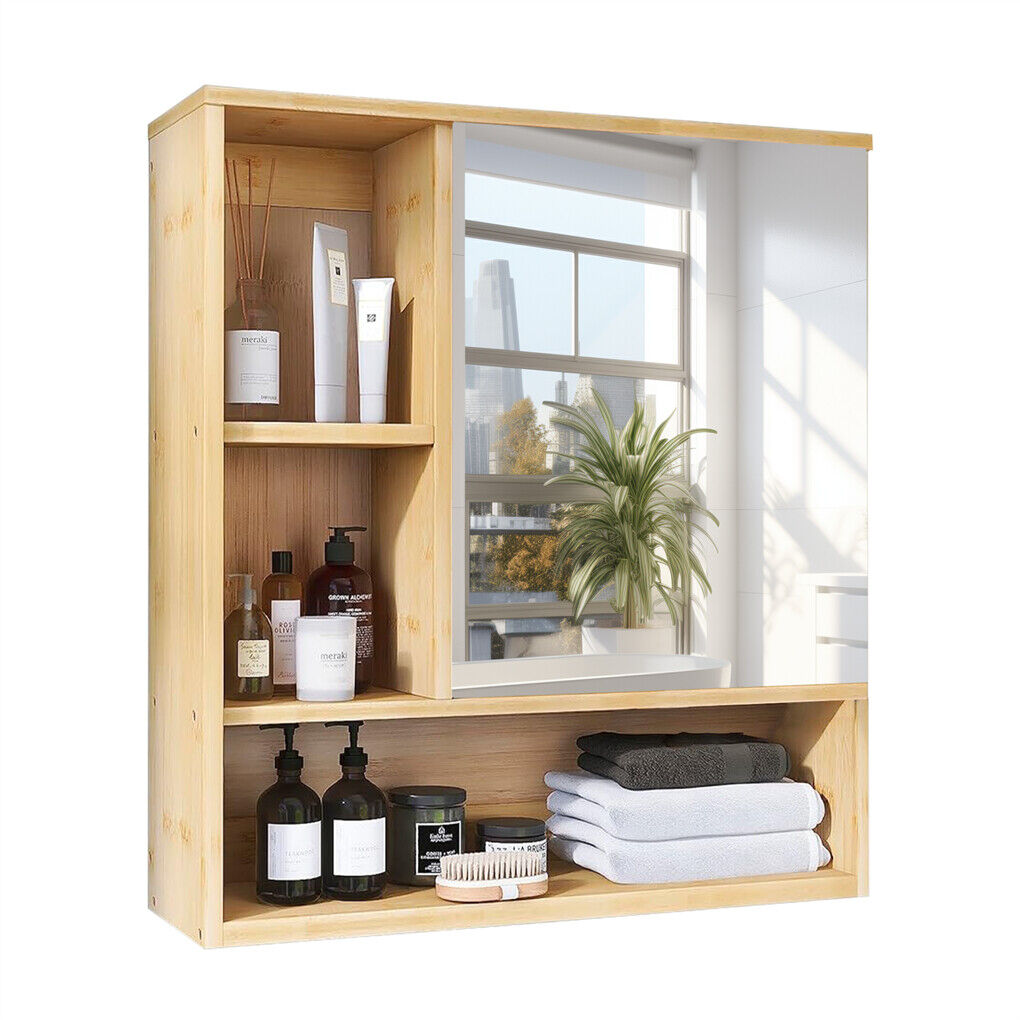 Bamboo Bathroom Cabinet – Wall-Mounted Mirror with 5 Shelves (55.5cm)