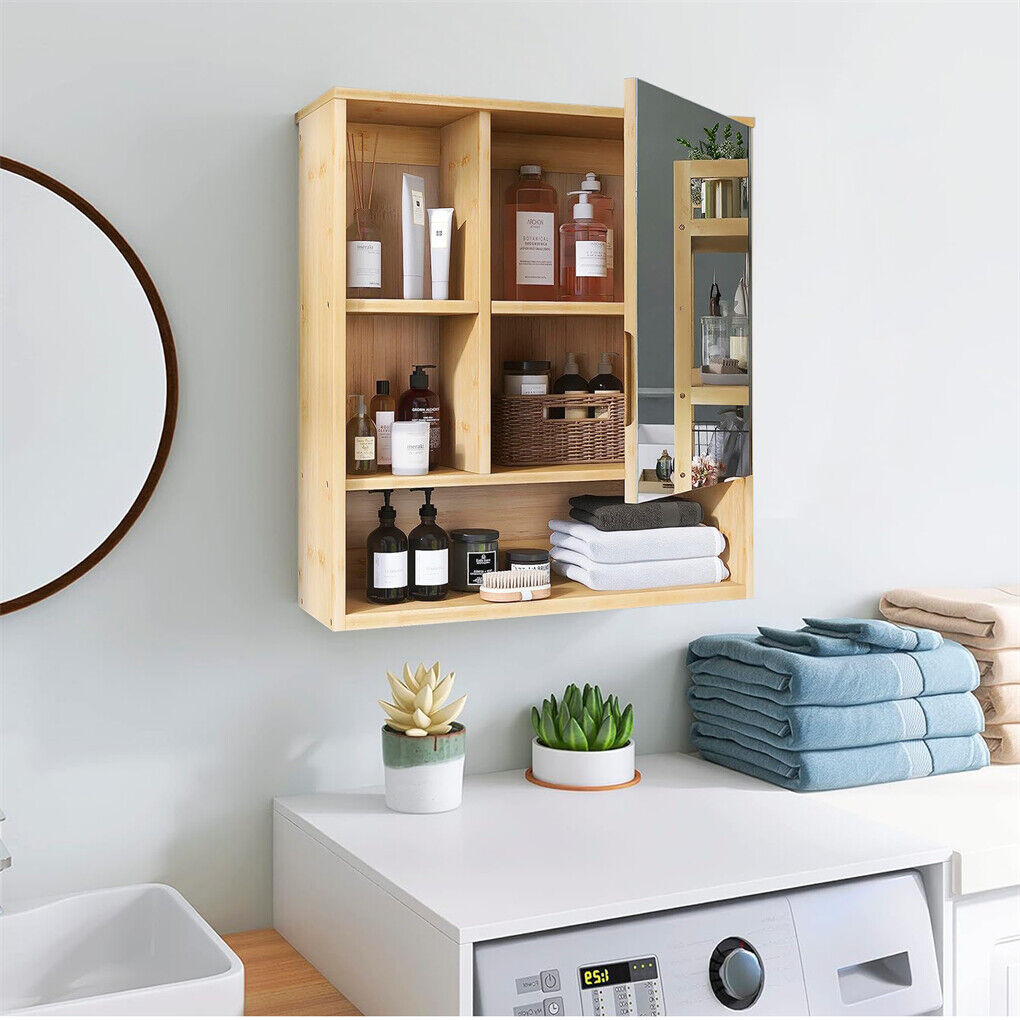 Bamboo Bathroom Cabinet – Wall-Mounted Mirror with 5 Shelves (55.5cm)