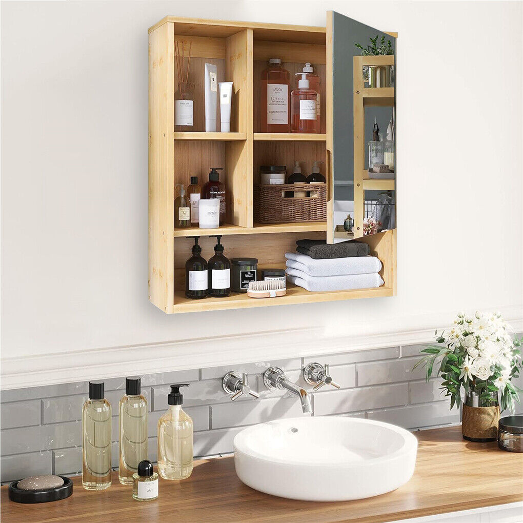 Bamboo Bathroom Cabinet – Wall-Mounted Mirror with 5 Shelves (55.5cm)