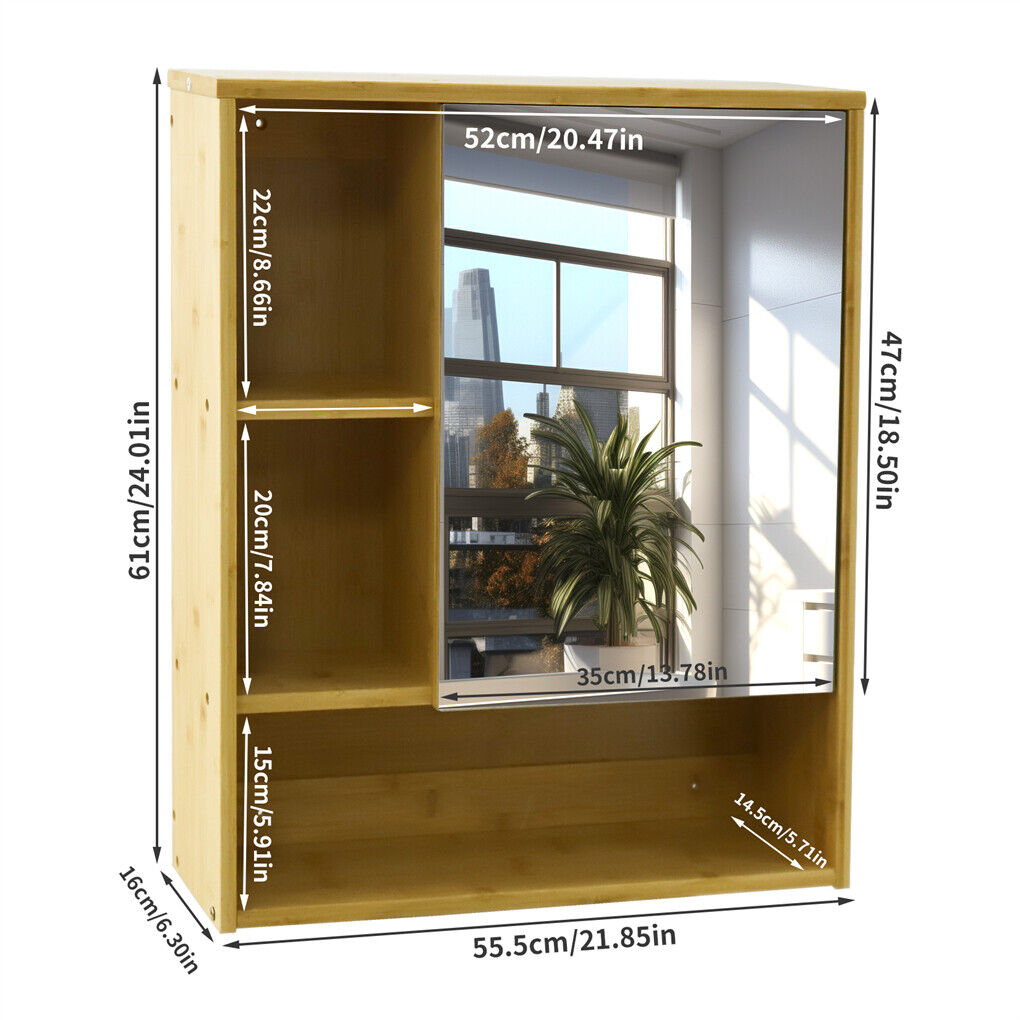 Bamboo Bathroom Cabinet – Wall-Mounted Mirror with 5 Shelves (55.5cm)