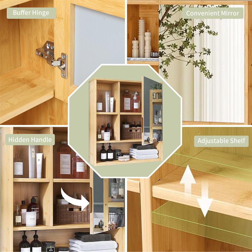 Bamboo Bathroom Cabinet – Wall-Mounted Mirror with 5 Shelves (55.5cm)