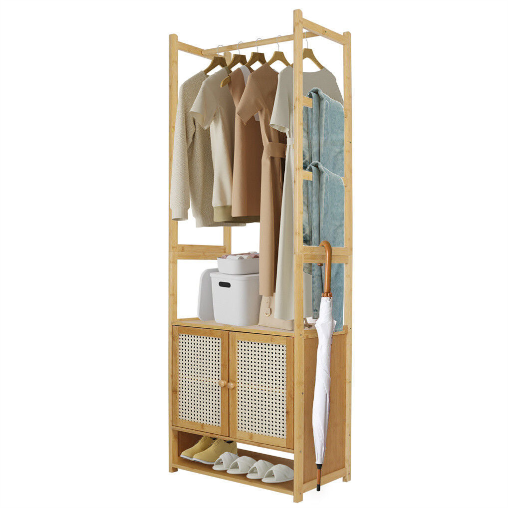 Bamboo Coat Stand – 168cm Clothes Rack with Cabinet, Hooks & Shelves