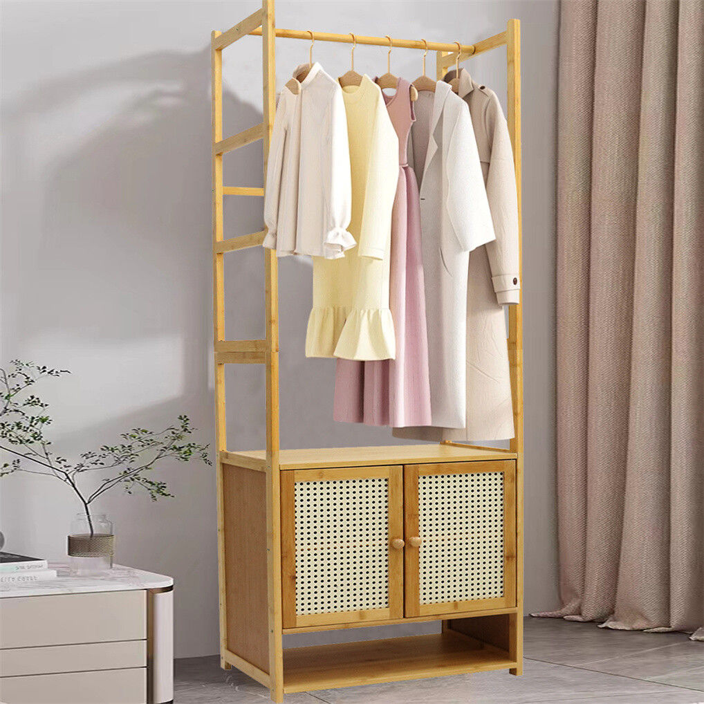 Bamboo Coat Stand – 168cm Clothes Rack with Cabinet, Hooks & Shelves