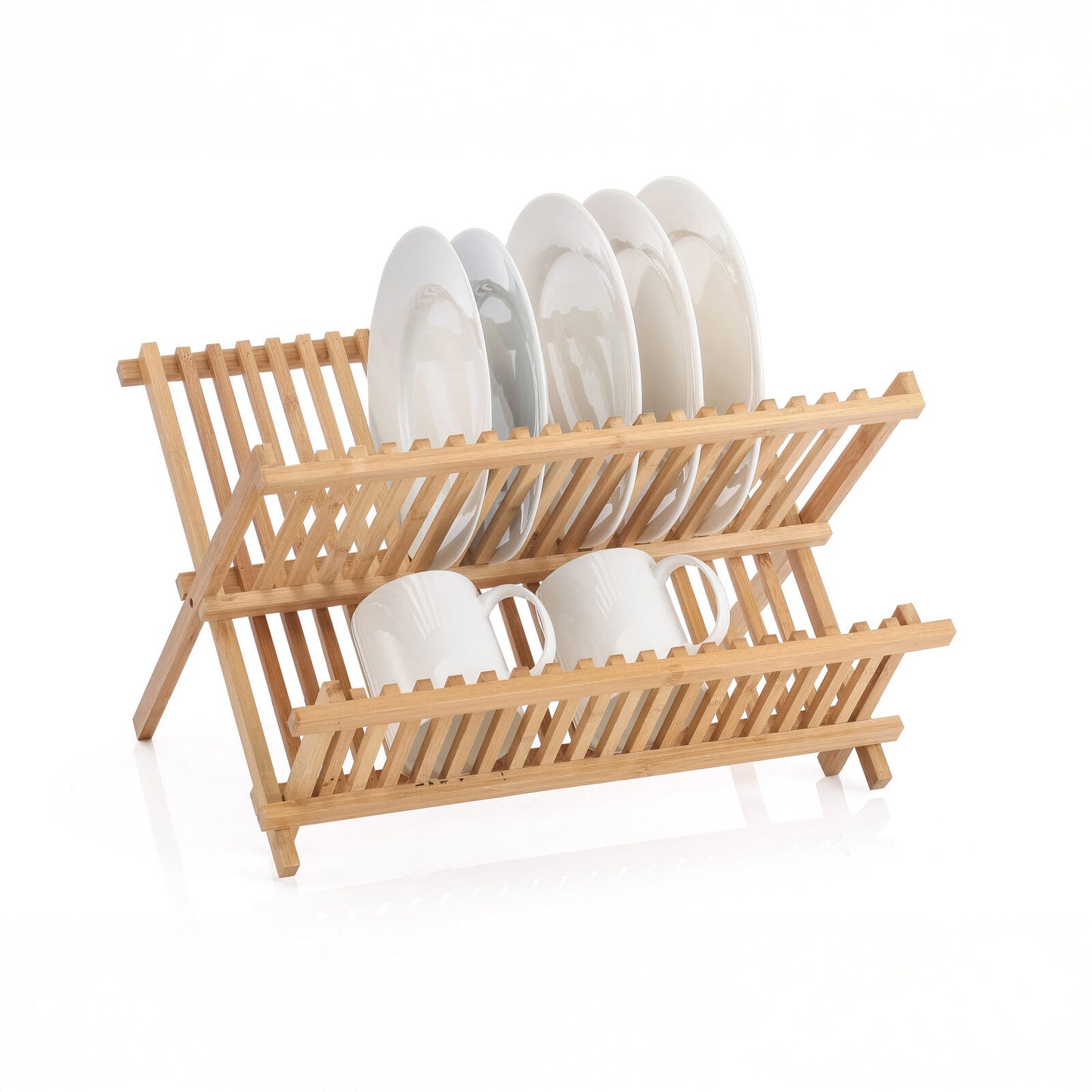 2-Tier Bamboo Dish Rack – Foldable X-Frame Plate & Cup Drainer