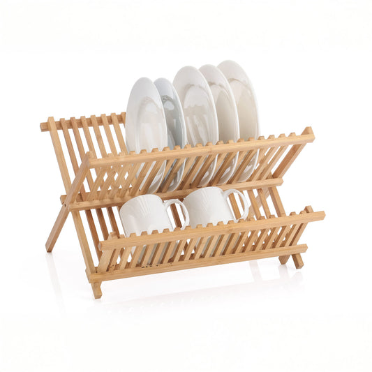 2-Tier Bamboo Dish Rack – Foldable X-Frame Plate & Cup Drainer