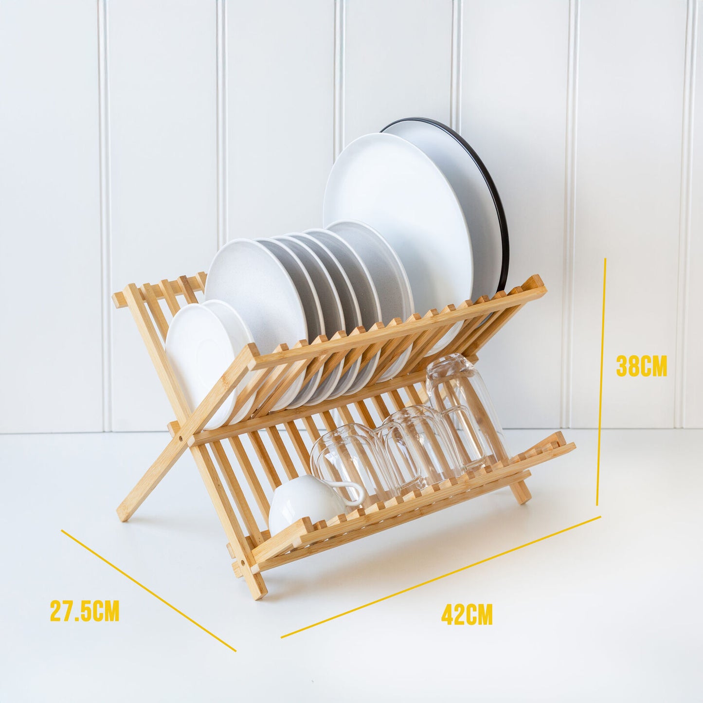 2-Tier Bamboo Dish Rack – Foldable X-Frame Plate & Cup Drainer